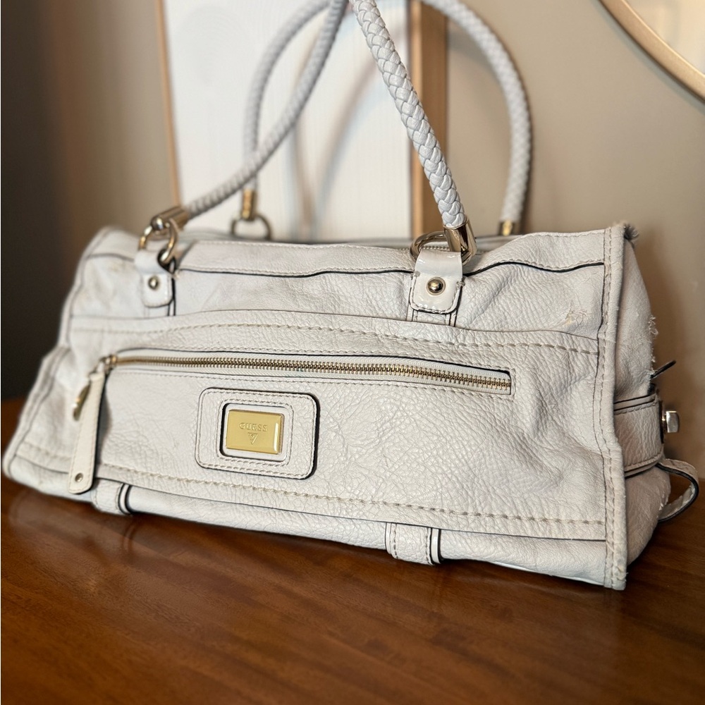 Guess White Leather Shoulder Bag with Gold Accents